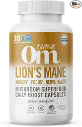 Om Mushroom Superfood Lion's Mane Mushroom Capsules Superfood Supplement, 90 Count, 30 Day Supply, Fruit Body and Mycelium Nootropic for Memory, Focus, Nerve Health and Immune Support