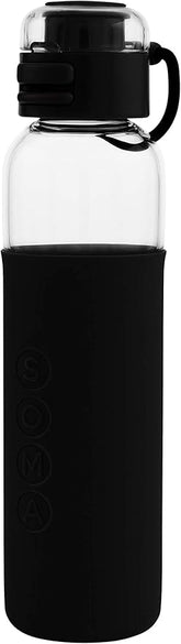 SOMA Glass Water Bottle with Silicone Sleeve, Sport Cap, 17-ounce, Black