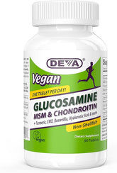 DEVA Vegan Glucosamine MSM & Chondroitin + Turmeric, CMO, Boswellia, Hyaluronic Acid & More, Improved Non-Animal Formula, 90 Tablets