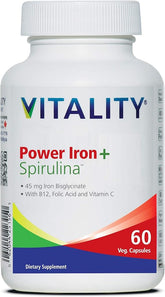 VITALITY Power Iron + Spirulina | 45mg Iron | Blood Builder | Iron Deficiency Support | Vegan | All Natural Supplement | Gentle on Stomach | Capsules� (60 Count (Pack of 1))