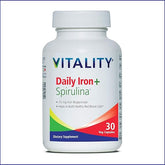 VITALITY Daily Iron + Organic Spirulina, 30 Veg Capsules | 15mg Iron | Blood Builder | Iron Deficiency Support | Vegan |All Natural Supplement | Gentle on Stomach