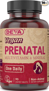 DEVA Vegan Prenatal Multivitamin and Mineral Supplement - Once-Per-Day Formula - Vitamins A, C, D, E, K, B Complex, with Folate & Chelated Iron - 90 Coated Tablets, 1-Pack