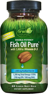 Irwin Naturals Double-Potency Fish Oil 2,000mg Purified Daily Wellness Formula with High Levels of Omega-3 EFA's, Vitamin D3, EPA & DHA - Natural Non-Fishy Citrus Flavor - 60 Liquid Softgels