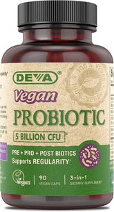 DEVA Vegan Probiotic Supplement - Pre, Pro, and Postbiotics for Digestive Health, 5 Billion CFU, Soil-Based, Spore-Forming, Dairy Free, FOS Prebiotics, for Women and Men, Vegan Capsules, 90 Count