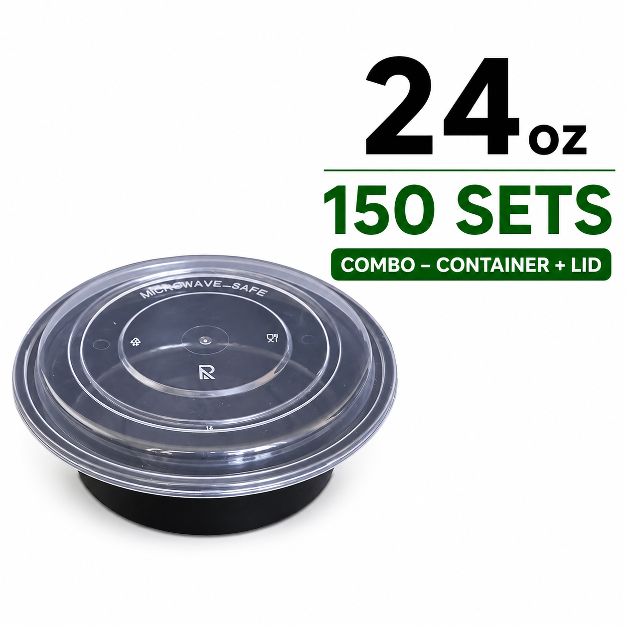 24 oz. Black Round Microwavable Heavy Weight Container with Lid - 150 Set