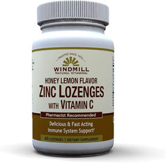 Windmill Health Products Natural Vitamins Zinc Lozenges with Vitamin C Honey Lemon Flavor, Immune System Support, Provides Antioxidant Support, Delicious & Fast Acting, 60 Lozenges, 60 Servings.