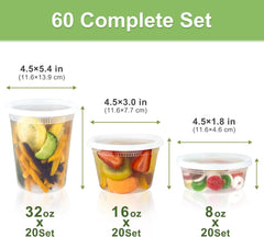 60 Sets (120-Piece) Deli Containers with Lids, 32/16/8 oz X 20 Set Each, Leak-Proof & BPA Free Airtight Takeout Plastic Food Storage Containers for Soup, Freezer/Microwave/Dishwasher Safe