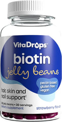 VitaDrops Biotin Jelly Beans, 10,000 mcg of Biotin, Supports Healthy Hair, Skin & Nails, Pectin Based, Vegan & Gluten Free, Strawberry Flavor, 120 Jelly Beans, 30 Servings