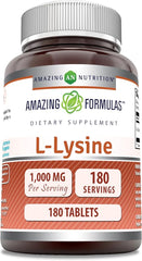 Amazing Formulas L-Lysine 1000mg Amino Acid Vitamin Supplement 180 Tablets | Non-GMO | Gluten Free | Made in USA