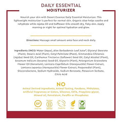 Desert Essence Daily Essential Moisturizer - Nourishing Jojoba, Organic Aloe Vera, Safflower & Geranium Oil - Light-Weight Soothing, Softening Facial Cream - Vegan, Non-GMO, Sulfate & SLS Free - 4oz