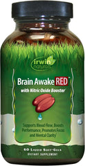 Irwin Naturals Brain Awake Red + Nitric Oxide Boosters Enhanced Performance, Focus & Mental Clarity - Nootropic with L-Citrulline, Ginkgo - 60 Liquid Softgels