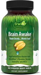 Irwin Naturals Brain Awake Enhanced Mental Performance, Increased Focus, Boost Clarity & Concentration - Powerful Nootropic Booster with L-Theanine, Bacopa, MCT's & InnovaTea - 60 Liquid Softgels