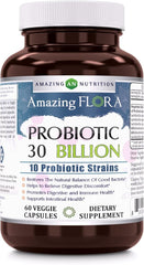 Amazing Flora Probiotic 10 Best Probiotics Strains | 30 Billion | 60 Veggie Capsules Supplement | Non-GMO | Gluten Free | Suitable for Vegetarians | Made in USA