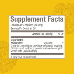 Om Mushroom Superfood Lion's Mane Mushroom Capsules Superfood Supplement, 90 Count, 30 Day Supply, Fruit Body and Mycelium Nootropic for Memory, Focus, Nerve Health and Immune Support