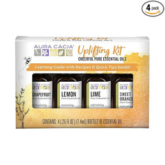 Aura Cacia Cheerful Pure Essential Oils Uplifting Kit, 0.25 fl oz 4-Pack, Grapefruit, Lemon, Lime, Sweet Orange Aromatic Oils