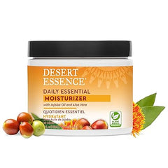 Desert Essence Daily Essential Moisturizer - Nourishing Jojoba, Organic Aloe Vera, Safflower & Geranium Oil - Light-Weight Soothing, Softening Facial Cream - Vegan, Non-GMO, Sulfate & SLS Free - 4oz