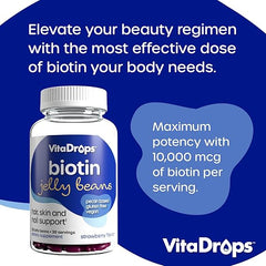 VitaDrops Biotin Jelly Beans, 10,000 mcg of Biotin, Supports Healthy Hair, Skin & Nails, Pectin Based, Vegan & Gluten Free, Strawberry Flavor, 120 Jelly Beans, 30 Servings