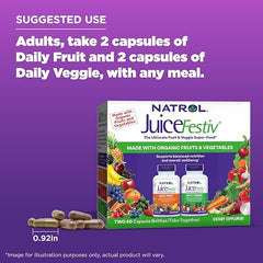 Natrol JuiceFestiv Daily Fruit & Veggie with SelenoExcell and Whole-Food [Phyto] Nutrients, Dietary Supplement Supports Better Nutrition (& Overall Well-Being), 60 Capsules (Pack of 2), 30 Day Supply