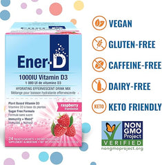 Ener-D Raspberry Multivitamin Drink Powder - Sugar Free Vitamin D3 - Immune & Energy Support - for Men & Women - Zinc, Vitamin B & C, Electrolytes - Vegan, Non-GMO Real Fruit Juice - 24 Servings
