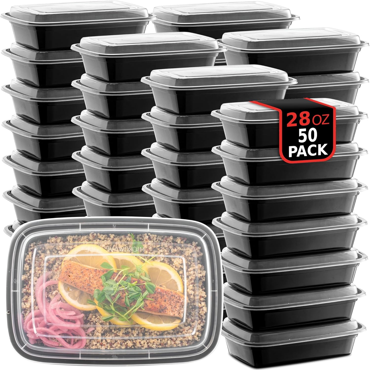 50-Pack Reusable Meal Prep Containers Microwave Safe Food Storage Containers with Lids, 28 oz - 1 Compartment