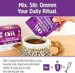 Om Mushroom Superfood Hot Chocolate Blend Mushroom Powder, Single Serve, 10 Count, Dutch Cocoa, 2g of Sugar, 25 Calories, Lion's Mane, Reishi, Chaga, Turkey Tail, Focus and Stress Support