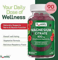 Magnesium Citrate Gummies by YumVs | 900mg Magnesium Citrate (102mg of Elemental Magnesium) | Highly Absorbable Citrate | Supports Nerve, Enzyme & Muscle Function for Adults | 90 Count