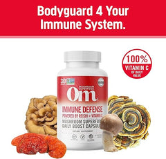 Om Mushroom Superfood Immune Defense Mushroom Capsules Superfood Supplement, 90 Count, 30 Days, Mushroom Blend, Reishi, Turkey Tail, Maitake, Agaricus Blazei, Vitamin C, Vegan