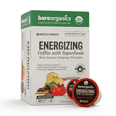 BareOrganics Energy Medium Roast Coffee, Organic, 10 K-Cup Pods, Superfoods & Probiotics Infused, Vegan, Gluten Free, 10 Single Serve Cups
