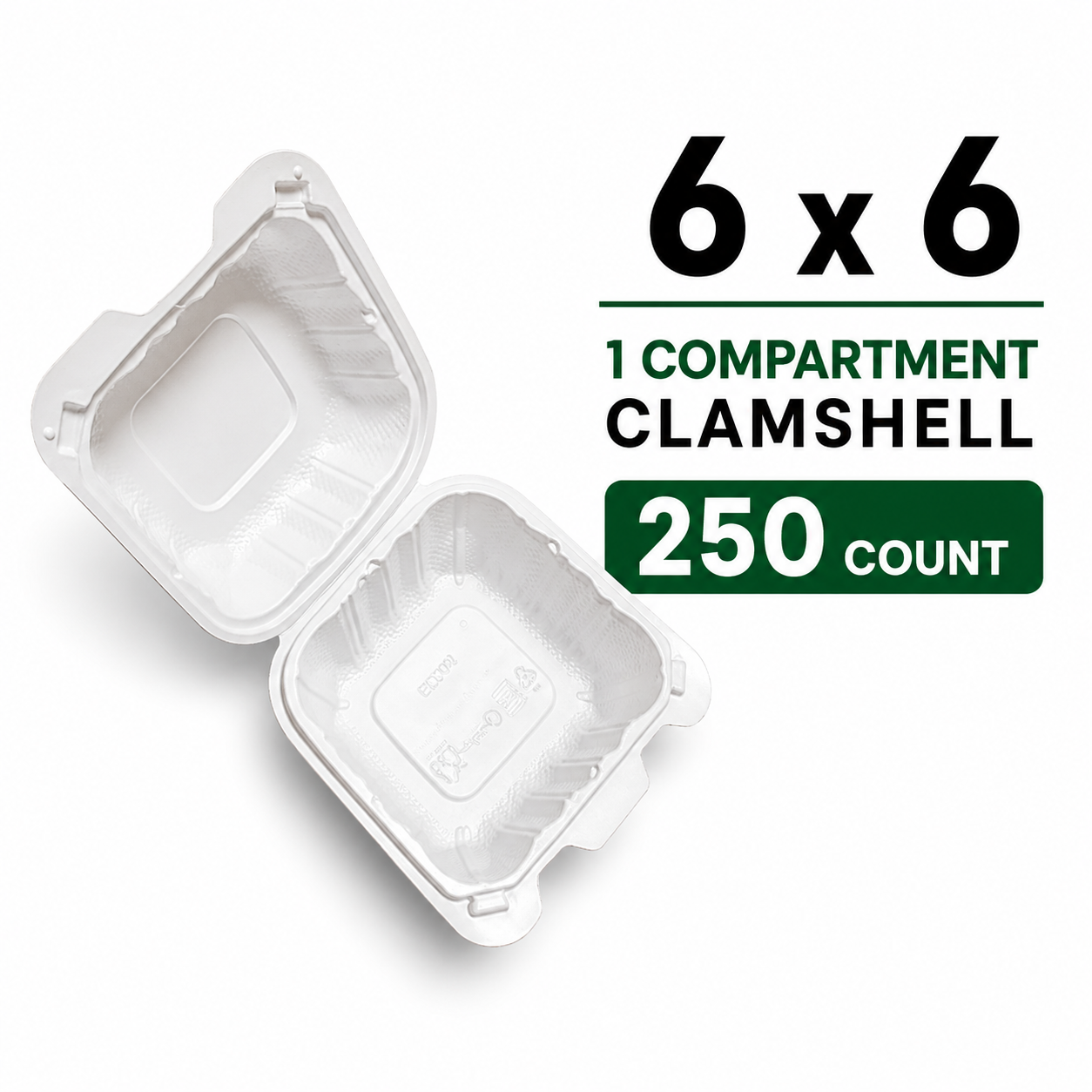 6 x 6 Takeout Containers – Heavy Duty 1 Compartment Clamshell, 250 Count Bulk Case for Restaurants & Catering