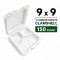 9 x 9 Takeout Containers – Heavy Duty 3 Compartments Clamshell, 150 Count Bulk Case for Restaurants & Catering