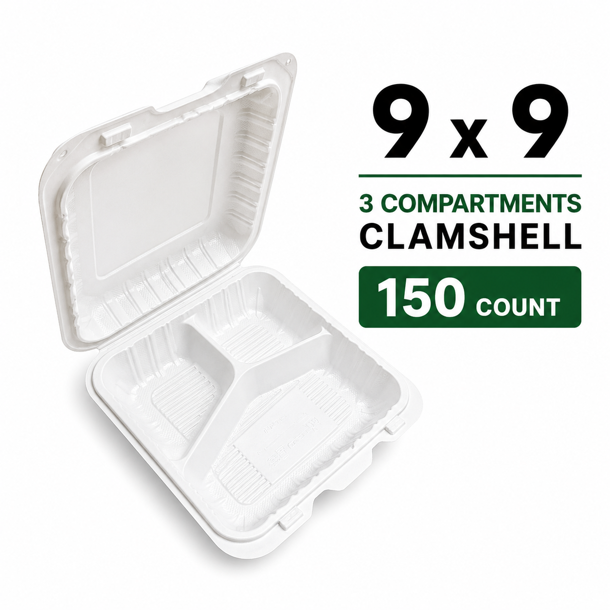 9 x 9 Takeout Containers – Heavy Duty 3 Compartments Clamshell, 150 Count Bulk Case for Restaurants & Catering