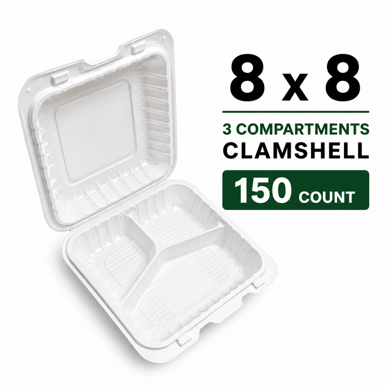 8 x 8 Takeout Containers – Heavy Duty 3 Compartments Clamshell, 150 Count Bulk Case for Restaurants & Catering