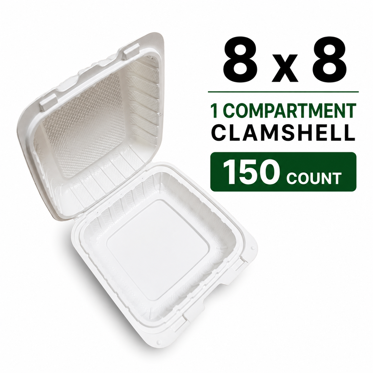 8x8 Takeout Containers – Heavy Duty 1 Compartment Clamshell, 150 Count Bulk Case for Restaurants & Catering
