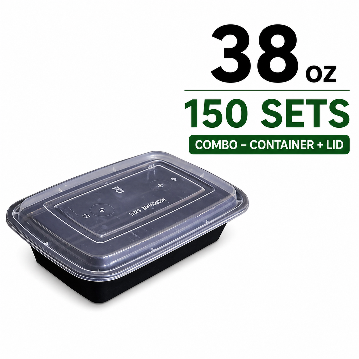 38 oz. Black Rectangular Microwavable Heavy Weight Container with Lid - 150 Set