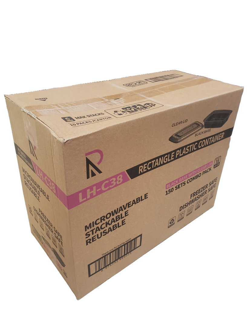 38 oz. Black Rectangular Microwavable Heavy Weight Container with Lid - 150 Set