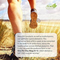 Irwin Naturals One-Per-Day Mega B-12 1,500mcg High Potency Methylcobalamin Vitamin - Fast Enhanced Absorption with MCT + Asian Ginseng - Natural Energy Boost - 60 Liquid Softgels