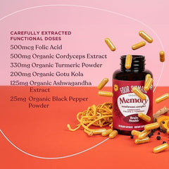 Four Sigmatic Memory Capsules | Reduce Brain Fog & Improve Memory | Nootropic Memory Supplement for Brain Support with Cordyceps Mushroom, Gotu Kola, Turmeric, Ashwagandha & Folate | 30 Servings